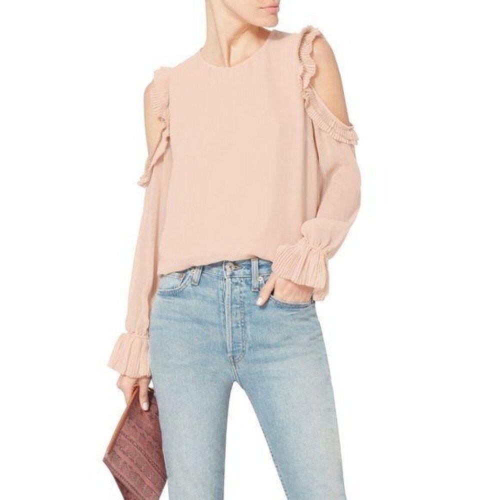 Intermix Nelly Silk Ruffle Cold Shoulder Blouse in Blush Pleated Women's Size 0‎